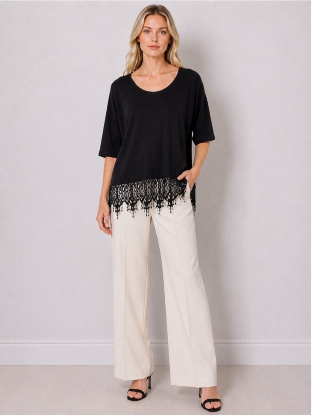 Jostar Black Slinky Stretch Travel Knit Tunic Top Lace Tassel Hem Chic Size 1X